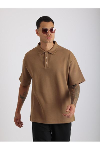 EGHO Double Pique Fabric Loose Fit Men's Polo Neck T-Shirt with Collar and Sleeve Stitching Detail