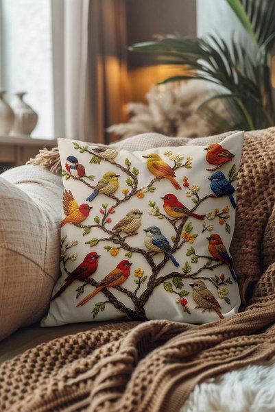 Şah Dekor Punch Embroidery Patterned Digital Printed Colorful Bird Detailed Set of 2 Throw Pillow Cases