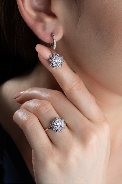 SAKLI TAKI 925 Ayar Gümüş Mor Taşlı Lotus (Küpe-Yüzük) Set