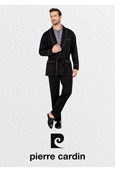 Pierre Cardin Erkek Siyah Penye 3'lü Robdöşambır & Uzun Kollu Pijama Takımı & Deri Terlik (Çorap Hediyeli)