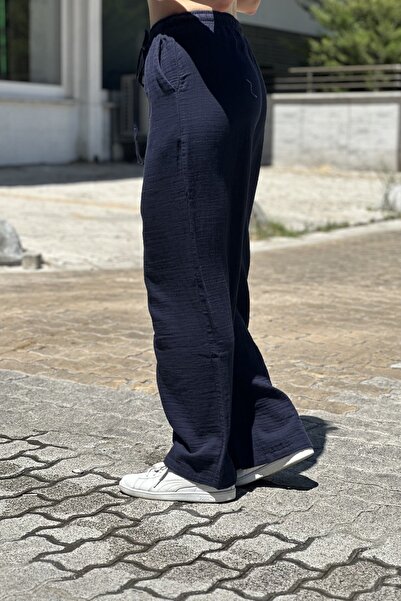 CurcunaShop Women's Muslin Linen Elastic Waist Lace-Up Wide Leg Trousers