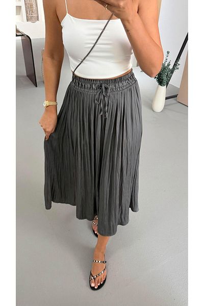 Sezgi Tekin Waist Elastic Wrinkled Texture Satin Midi Smoked Skirt