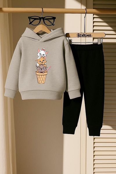 BENROMA 3-Ply Children's Tracksuit Set with Cat Print