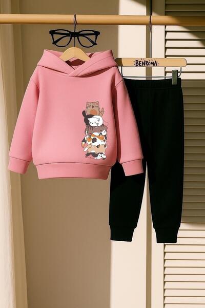 BENROMA KEDİLER ÜST ÜSTE BASKILI 3 İPLİK ÇOCUK EŞOFMAN TAKIMI