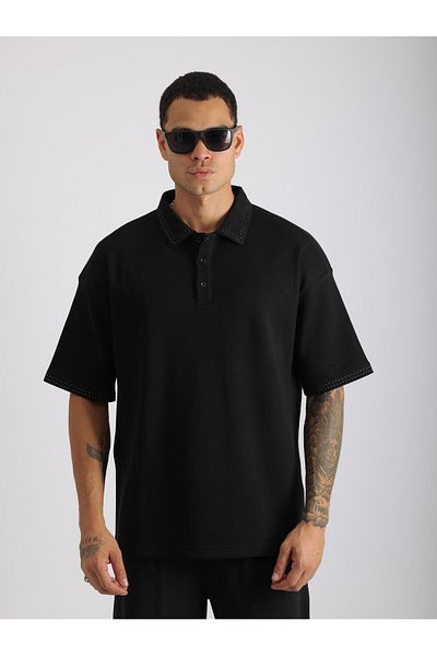 EGHO Double Pique Fabric Loose Fit Men's Polo Neck T-Shirt with Collar and Sleeve Stitching Detail