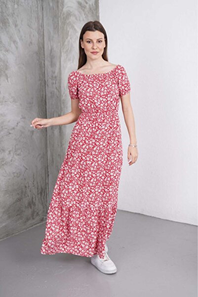 Giyimsel Madonna Collar Waist Elastic Woven Viscos Long Women's Dress