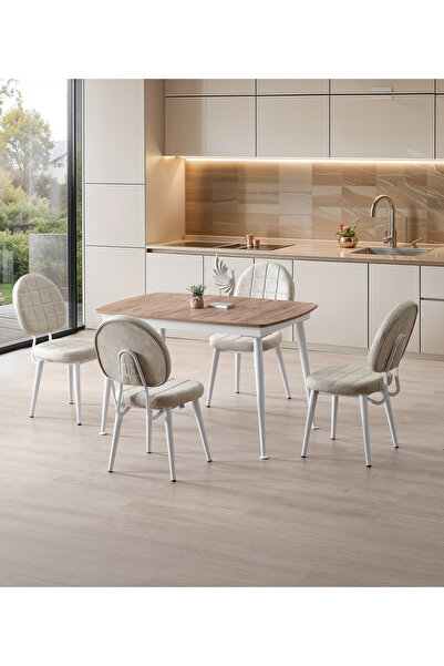 DENGEMA Milano’25 Açılır Masa Takımı – Ceviz Desen & Beyaz Ayak – 80×125 → 165 cm, 4 Sandalyeli