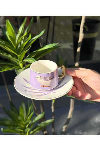 Onedekor Set of 6 Porcelain Coffee Cups Bird Purple