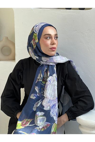 Modakaşmir Azalea Pattern Striped Bamboo Shawl - Midnight Blue