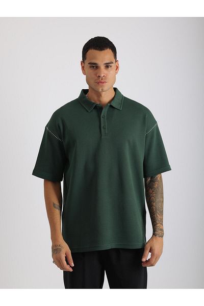 EGHO Shoulder Shepherd Stitch Detail Double Pique Fabric Loose Fit Men's Polo Neck T-Shirt