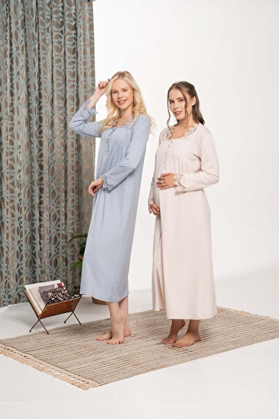 Lohussa قميص نوم نسائي من القطن الشتوي للحوامل بتصميم خاص باللون الأزرق من Ai...