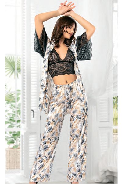 Miss Laris Lingerie Satin Black Lace 3-Piece Dressing Gown Pants Bralet Set – Patterned