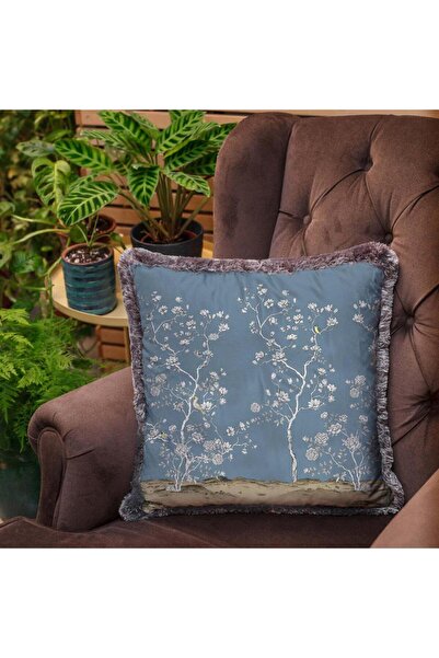 Adawall Blue Pillow/Cushion with Flower Design (Filler Bead Fiber, Nation. Washing and Fading Certificate)