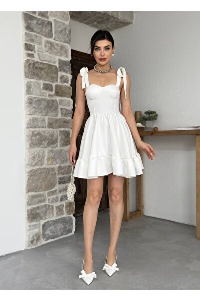 Miss Beyoğlu Askılı globlu fırfır detaylı mini elbise