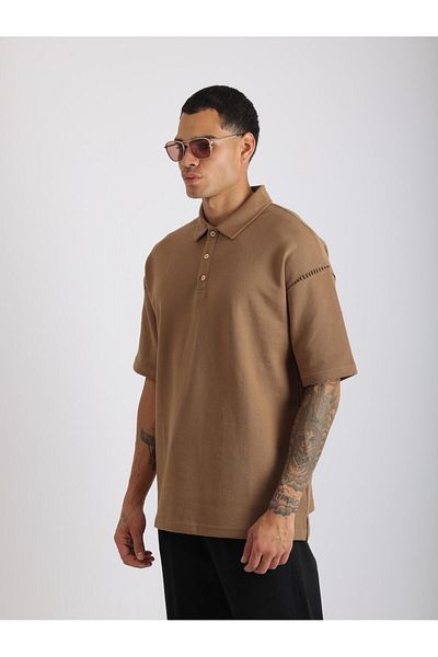 EGHO Shoulder Shepherd Stitch Detail Double Pique Fabric Loose Fit Men's Polo Neck T-Shirt