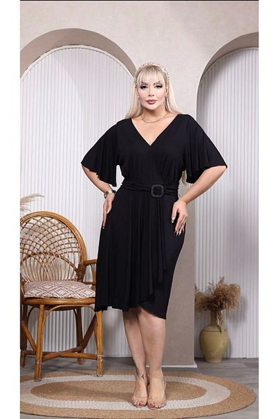 garajmood Black Wide V-Neck Belt Buckle Detailed Women's Dress
