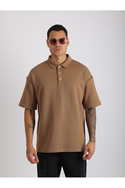 EGHO Shoulder Shepherd Stitch Detail Double Pique Fabric Loose Fit Men's Polo Neck T-Shirt