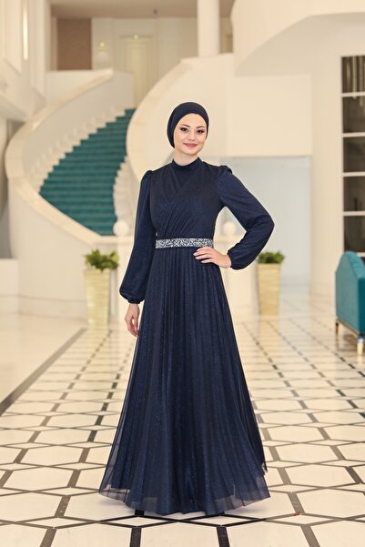 miss newal Dila Büyük Beden Tesettür Abiye Lacivert