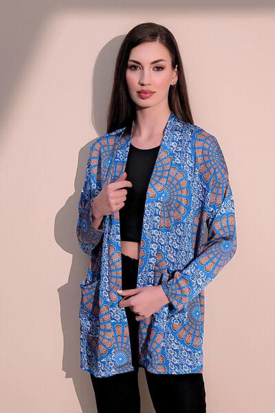 NEW LAVİVA Women's Saks Ethnic Pattern New Fashion Satin Double Pocket Loose Kimono Jacket - Suitable for Hijab