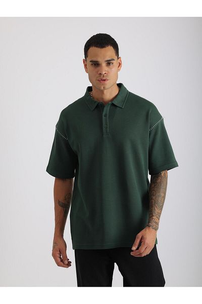 EGHO Shoulder Shepherd Stitch Detail Double Pique Fabric Loose Fit Men's Polo Neck T-Shirt