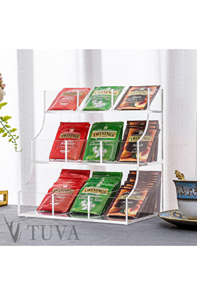 TUVA REKLAM TUVA - منظم سطح المكتب لحقيبة الشاي الحديثة من البليكسي الشفاف بثلاث طبقات و9 أقسام
