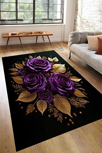 LovisaHome Gül ve Altın Yaprak Desenli Dijital Baskı Modern Halı