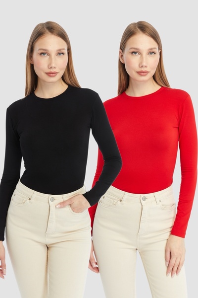 LAENT بدلة نسائية ذات رقبة دائرية باللون الأسود والأحمر مكونة من قطعتين