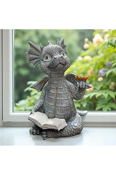Generic JARPSIRY Dragon Reading Book Statue Dinosaur Holding Butterfly Figurines Art Resin Sculpture Outdoo