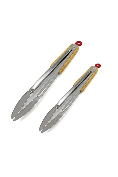Generic 2 PCSStainless Steel BBQ Tongs，Heavy Duty， Non-Stick, Oak Wood Handle...
