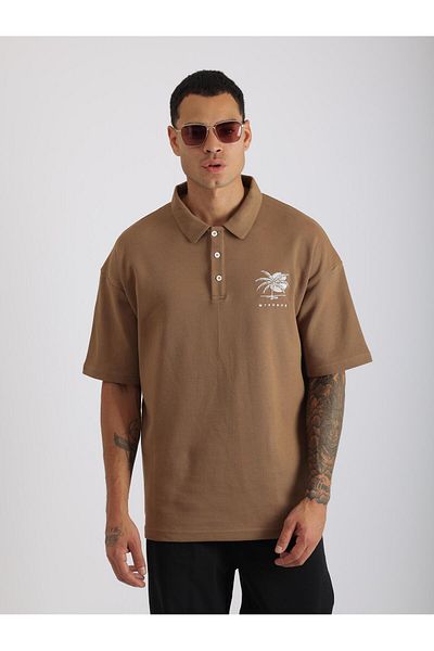 EGHO Chest Mykonos Embroidery Detailed Double Pique Fabric Loose Fit Men's Polo Neck T-Shirt