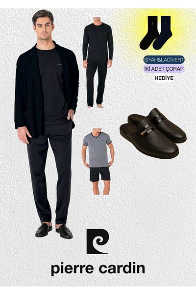 Pierre Cardin Men's Clothing 5 Piece Boxed 100% Cotton Robdöşambır - Pajama Set Set & Leather Slippers