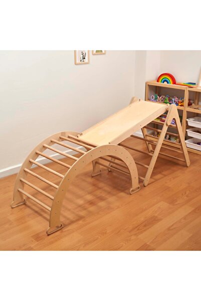 Muyuru Montessori Ahşap Üçlü Pikler Seti, Pikler Üçgeni, Kaydırak, Salıncak(Pikler Halkası) 6 Ay-6 Yaş