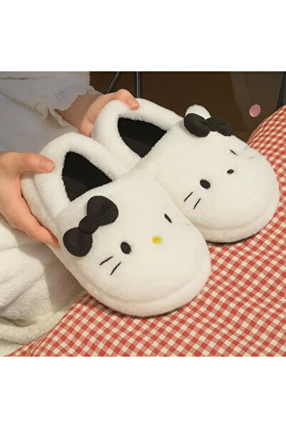 Genel Markalar Siyah Hello Kitty Yumuşak Tüylü Peluş Panduf Terlik
