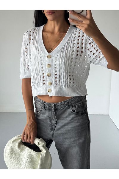 Bracha Short Sleeve Openwork Pattern Button Detailed 100% Cotton Crop Cardigan