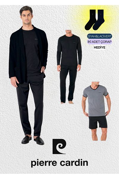Pierre Cardin Men's Clothing 5 Piece Boxed 100% Cotton Robdöşambır & Pajama Set Set (2 Socks Gift)