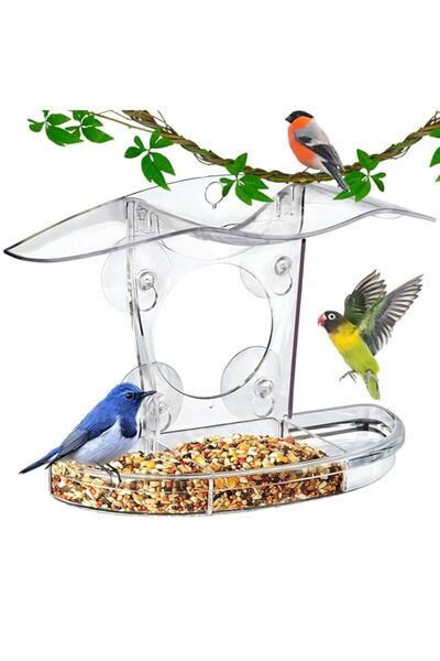 Generic وحدة تغذية الطيور KASTWAVE للنافذة - وحدة تغذية شفافة مزودة بأربعة أك...