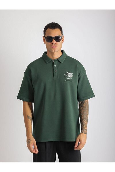 EGHO Chest Mykonos Embroidery Detailed Double Pique Fabric Loose Fit Men's Polo Neck T-Shirt