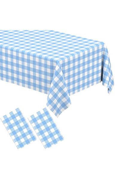 Generic عبوة من قطعتين من مفرش الطاولة المربعات الأزرق الفاتح، مفرش طاولة مست...