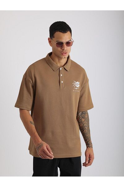 EGHO Chest Mykonos Embroidery Detailed Double Pique Fabric Loose Fit Men's Polo Neck T-Shirt