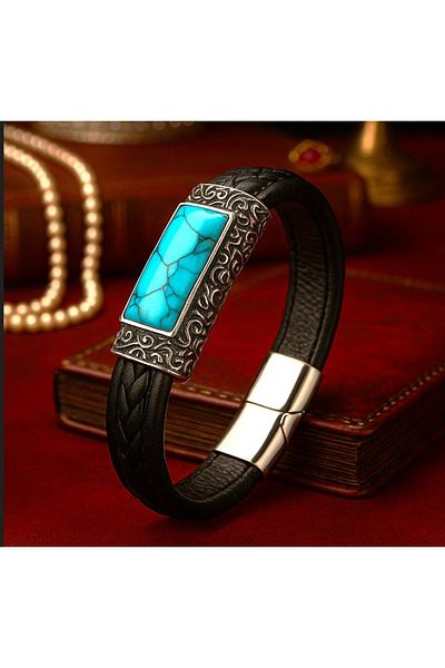 voyageaccessory Vintage Stainless Steel Genuine Leather Men's Bracelet with Natural Turquoise Stone