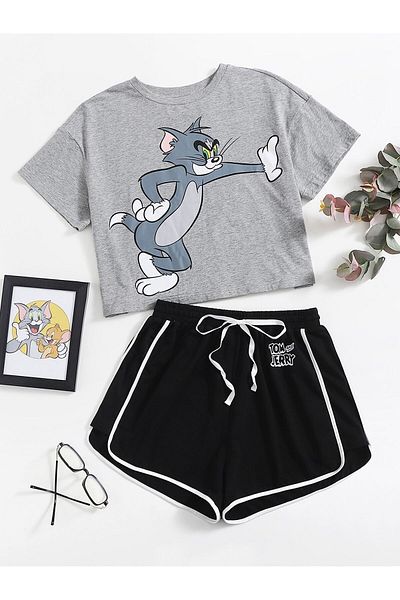Hunors Sportswear & Company Women's Tom and Jerry Printed Crop T-Shirt-Shorts Set
