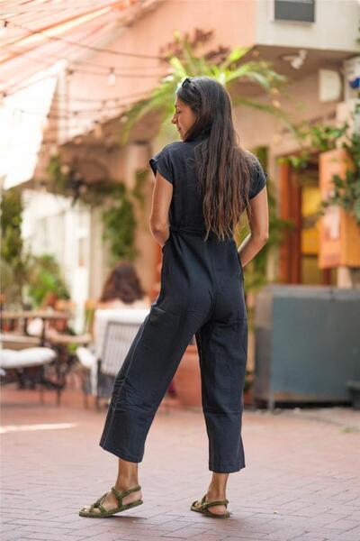 Miss Boheme Black Color Half Button Linen Jumpsuit with Pocket Detail