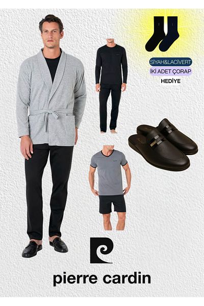 Pierre Cardin Men's Clothing 5 Piece Boxed 100% Cotton Robdöşambır - Pajama Set Set & Leather Slippers