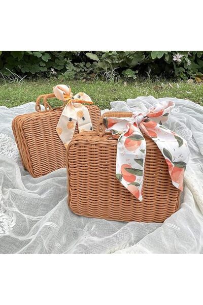 Generic Wicker Picnic Basket, Rectangular Storage Basket with Carrying Strap ...