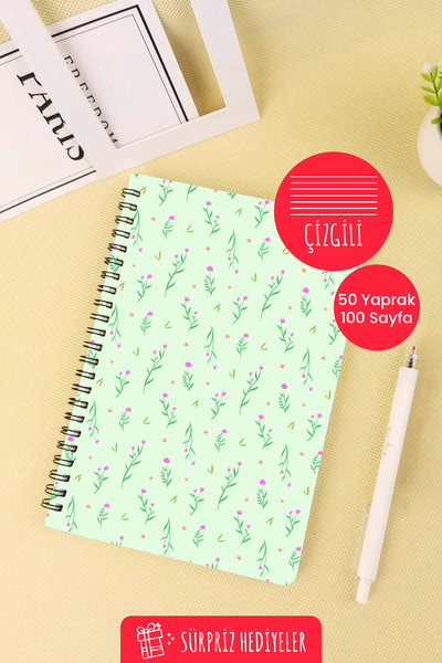 Anime Marketi Green Flowers Design A5 Spiral School Notebook 50 Sheets 100 Pages - Lined