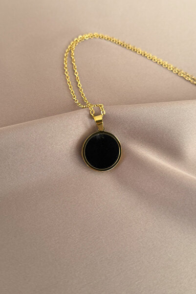 laria jewelry Yuvarlak Siyah Taşlı Madalyon Kolye
