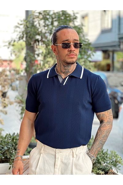 manch collection Collar Stripe Detailed Polo Neck Knitwear Navy Blue