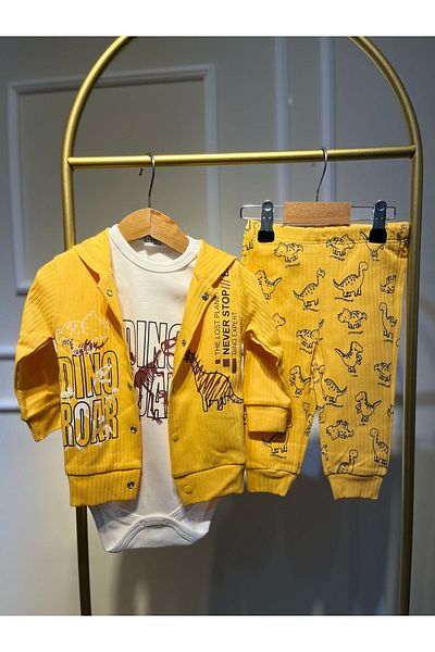 baume clothes Dinosaur Yellow 3-Piece Ribbed Men's Bottom-Top Set