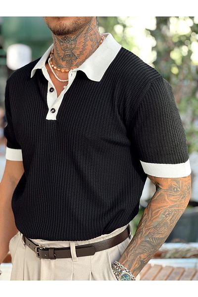 manch collection Double Color Knitted Polo Neck Sweater Black