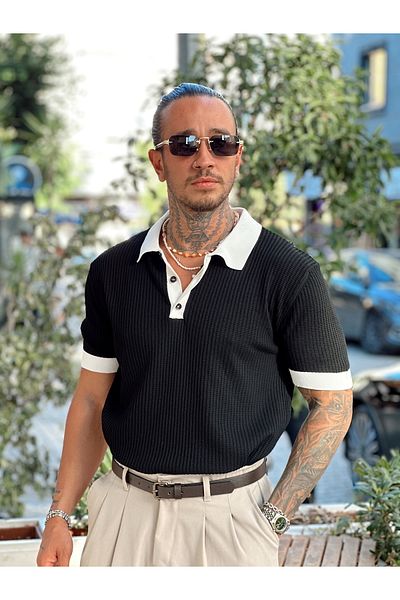 manch collection Double Color Knitted Polo Neck Sweater Black